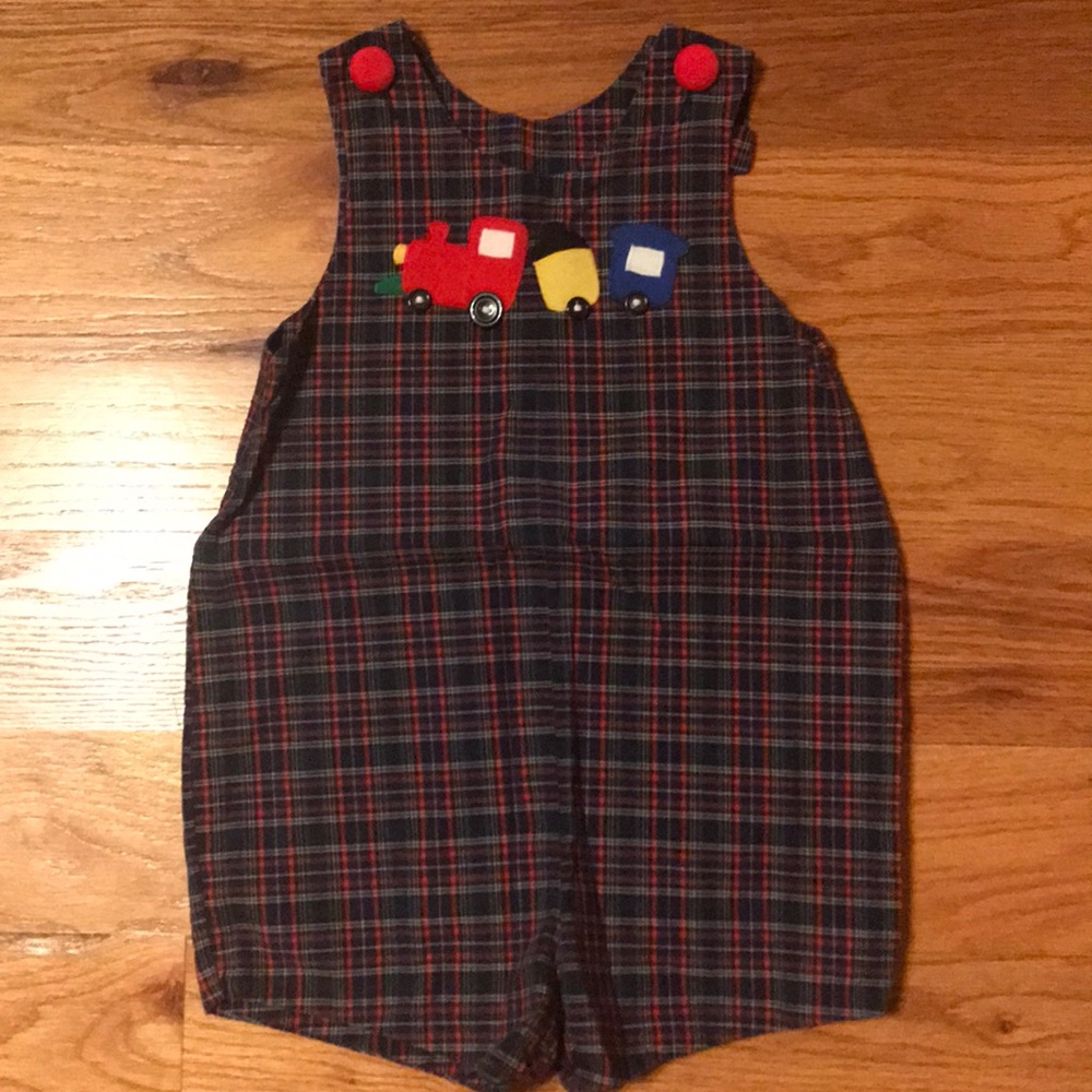 3T navy, red, green plaid romper train detail